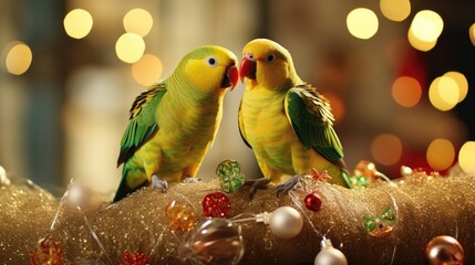 A pair of beadyeyed parakeets perched on a garland, chirping and pecking at the shiny baubles.