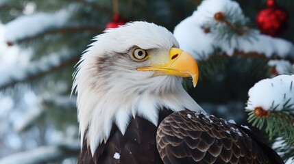 A closeup of a majestic bald eagle perched on a snowcovered tree branch, wearing a miniature Santa hat on its head. The image represents the important role of these birds as symbols of freedom