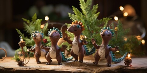 A group of ankylosauruses decorating their tree with unique ornaments made from pinecones, leaves, and twigs, putting their creative and crafty skills to use.