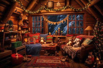 Fototapeta na wymiar A cozy cabin in the woods, decorated with a festive animalthemed bunting, featuring endangered species like the Sumatran orangutan, Saola, and African elephant. A charming representation