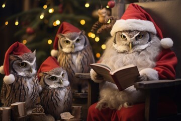 High up in a trees branches, a wise old owl perches on a tiny rocking chair, reading a favorite Christmas story to a group of younger owls nestled at his feet.