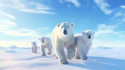 Fotobehang A family of polar bears, their fluffy white coats blending in with the snow, traveling across frozen tundra towards their chosen Christmas destination. © Justlight