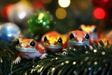 A group of festive newts gathered around a miniature Christmas tree, each one adorned with a different colored Santa hat and a glimmer of holiday cheer in their eyes.