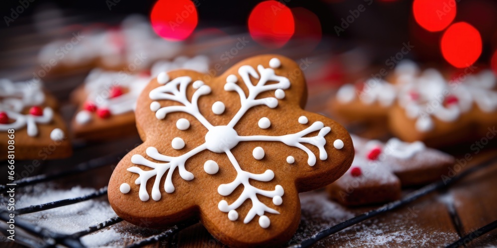 Poster closeup of a gingerbread cookie with delicate cookie icing designs in the shape of a reindeer, compl