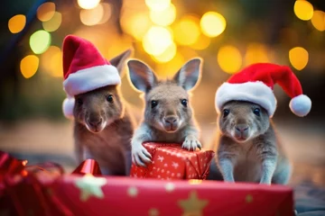 Gordijnen A group of playful kangaroos wearing Santa hats and carrying small giftwrapped presents in their pouches, surrounded by colorful string lights and holiday decorations. © Justlight