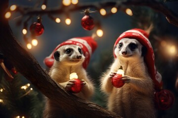 A pair of playful meerkats wearing festive bandanas, sitting on their hind legs and sniffing a glowing Christmas ornament hanging from a nearby tree branch. - Powered by Adobe