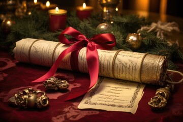 An elaborate Christmas wish list, written in impeccable script on a scroll of parchment paper, tied with a velvet ribbon and sealed with a wax stamp.