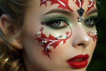 Closeup of a womans face adorned with intricate holly leaf face paint, adding a unique touch to her holiday makeup look.
