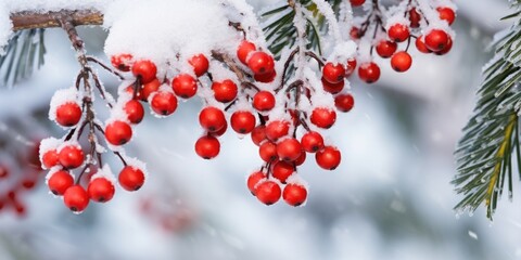 A of mistletoe berries, peeking out from behind a thick, frosted pine branch, adding a touch of festive color to a winter wonderland.