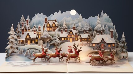 An old Christmas card with a whimsical scene of Santa Claus flying over a quaint village in his sleigh, pulled by a team of reindeer. The card is decorated with glitter and adds a touch