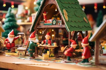 Closeup of a storybook page featuring a whimsical scene of Santas workshop, with elves working diligently to make toys for Christmas. The workshop is filled with colorful toys and Christmas - obrazy, fototapety, plakaty
