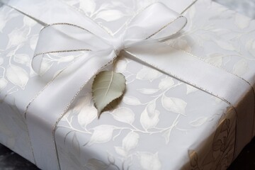 A closeup of a snowy white wrapping paper, with a raised holly leaf pattern. The paper has a soft, velvetlike texture and is finished with a delicate silver ribbon.
