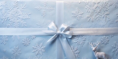 A closeup of a pale blue wrapping paper, with a delicate snowflake and deer pattern. The paper has a raised, embossed texture and is tied with a metallic silver ribbon and bow.