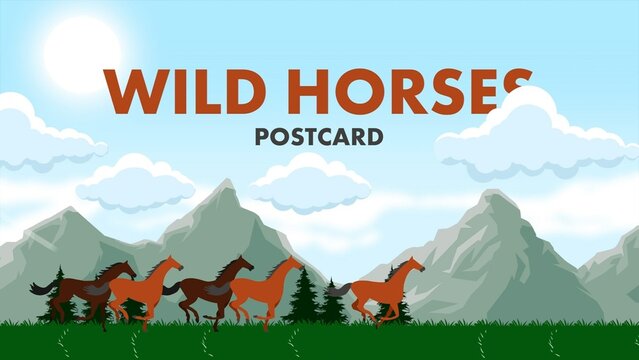 Wild Horses Running In Nature Cartoon Postcard