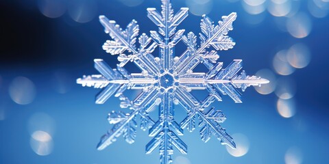 A closeup of a snowflake reveals its delicate hexagonal shape, with each arm adorned with a lacy pattern of ice crystals.