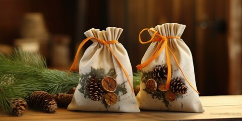 Handmade gift bags created from repurposed fabric and adorned with natural elements like pinecones and dried orange slices.