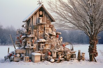 A charming outdoor display featuring a tree made from stacked logs and a homemade birdhouse crafted from an old milk carton. - Powered by Adobe