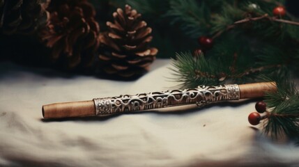 A rustic wooden flute lying on a bed of holly and pinecones, representing the peaceful and calming...
