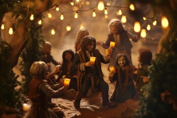 Fototapeta na wymiar Closeup of a Yuletide party in the Shire, with hobbits dressed in warm coats and scarves, dancing and feasting under a giant tree decorated with ling lights and magical ornaments. The scent
