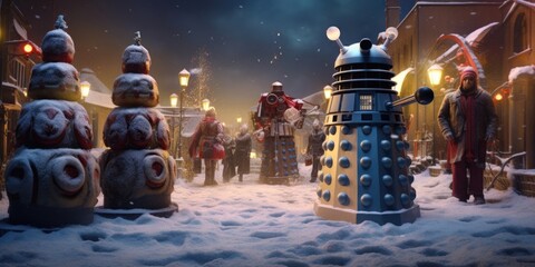 Closeup of a timetraveling Christmas in the Doctor Who universe, with the TARDIS decorated like a giant candy cane and the Doctor and his companions visiting different timelines and planets - obrazy, fototapety, plakaty