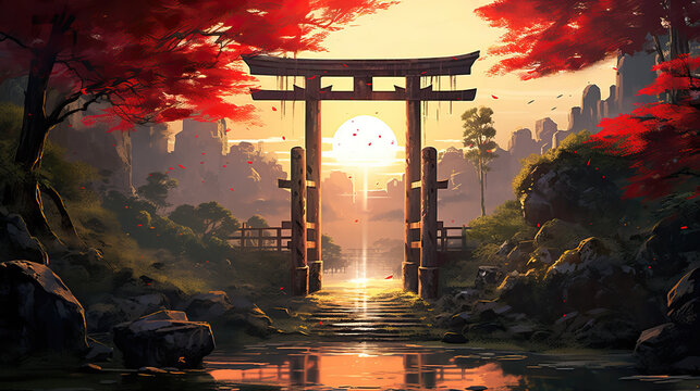 Illustration of torii gate with anime style