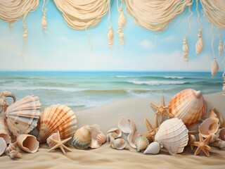 Fototapeta na wymiar background with seashells. banner place for text. blue background. frame. concept vacation, vacation, sea,.