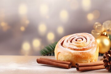 New Year Christmas background wallpaper with place for text banner. cinnamon bun. delicious Christmas baked goods. postcard - obrazy, fototapety, plakaty