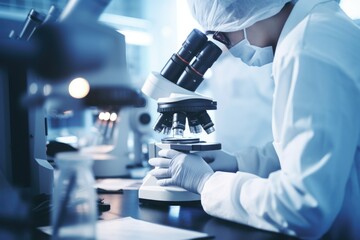 The doctor looks through a microscope. Laboratory. Study under a microscope. Bacteria, viruses. Checking tests for diseases. Chemist, biologist.