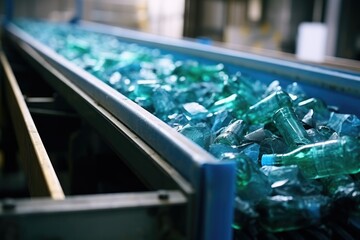 waste sorting. Conveyor belt at a waste recycling plant processing plastic and glass. - obrazy, fototapety, plakaty
