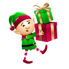 Vector illustration of a Christmas elf with gifts isolated on white background.