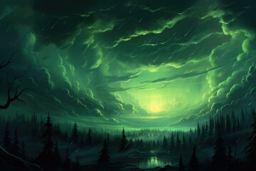 landscape colored green sky and forest. magicians, miracles. Lightning and thunderstorm. Wallpaper. background - obrazy, fototapety, plakaty