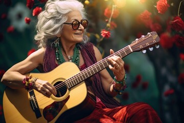 Obraz premium old woman plays the guitar. woman in a bright dress. Spanish, Italian, Mexican.