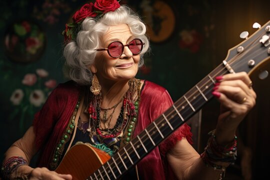 Spaniard. grandma plays the guitar. musical instrument. old age. joy. Mexico. Spain