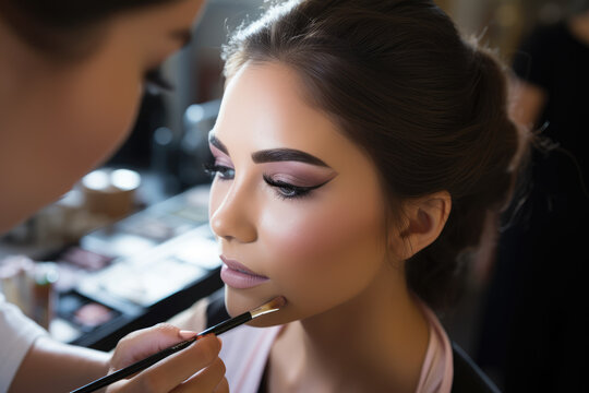 woman applying make up. make-up artist applies makeup. model. makeup artist courses. beautifully painted eyes.