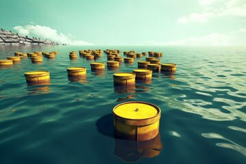 Floating yellow barrels of nuclear radiation waste on the ocean, representing environmental radioactive pollution in water. Generative AI - obrazy, fototapety, plakaty