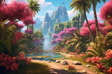 Fototapeta na wymiar Scenic tropical atmosphere with vibrant pink and green palm trees, lush plants and a captivating landscape. Generative AI