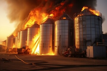 Fire damages contemporary granary facility with silver silos for agricultural product processing, drying, cleaning, and storage. Generative AI - obrazy, fototapety, plakaty
