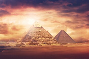 Fototapeta na wymiar Background image featuring the pyramids of Egypt in Giza. Generative AI