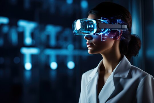 Woman in  glasses of augmented computer reality.  smart glasses virtual reality.  concept. VR.
 futurestic