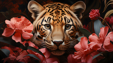 Illustration of an oil painting portrait of a leopard among roses and palm leaves 