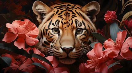 Poster Illustration of an oil painting portrait of a leopard among roses and palm leaves  © Clipart Collectors