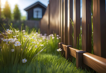  wooden fence near the house, grass near the fence and flowers