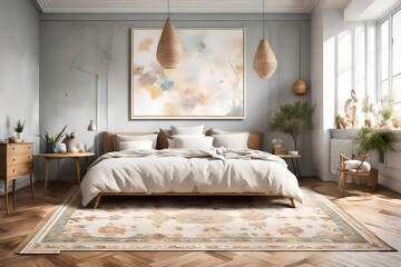 A panoramic portrayal of a Canvas Frame for a mockup in a spacious Easter bedroom, where an ornate rug with Easter motifs contrasts with sleek wooden flooring