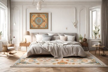 A panoramic portrayal of a Canvas Frame for a mockup in a spacious Easter bedroom, where an ornate rug with Easter motifs contrasts with sleek wooden flooring
