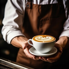 Barista holding a cup of cappuccino with heart shape
