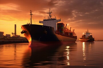 A huge ship in the harbor, loading crops at sunrise for overseas shipment on the ocean. Generative AI