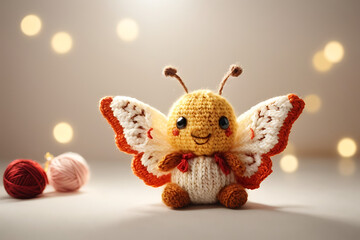 Crochet Butterfly Toy, crochet butterfly toy with red and white wings and yellow body,  gray surface with blurred lights background - Powered by Adobe