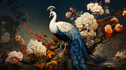 wallpaper with white peacock birds with trees plants and birds in a vintage style landscape blue background
 - Powered by Adobe