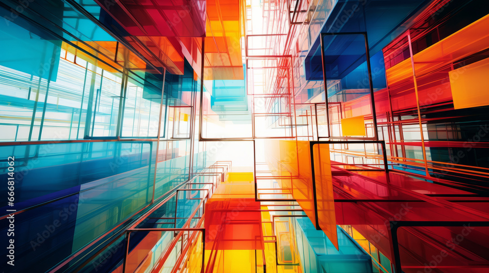 Poster A vibrant and dynamic abstract artwork featuring a composition of colorful squares and lines