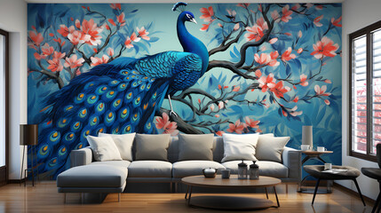 wallpaper with white peacock birds with trees plants and birds in a vintage style landscape blue background
